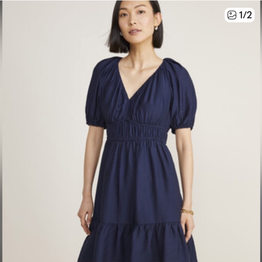 Vineyard Vines Marina Puff Dleeve-Navy Seersucker XL
